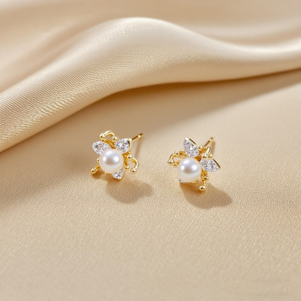 Frost‑Petal Pearl Stud Earrings