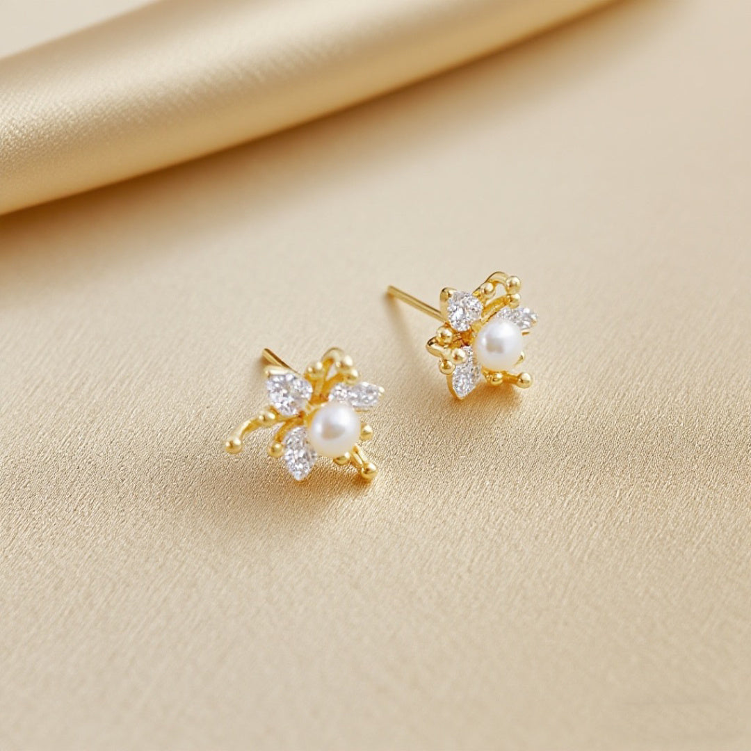 Frost‑Petal Pearl Stud Earrings