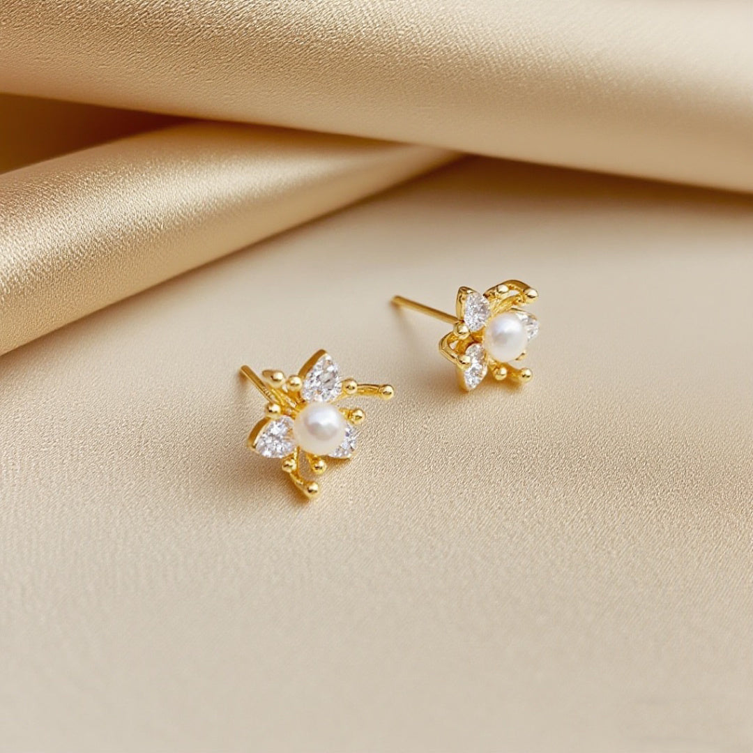 Frost‑Petal Pearl Stud Earrings